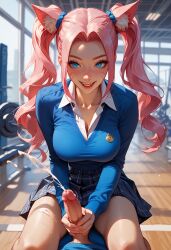 ai_generated blue_eyes cat_ears female gym_setting pink_hair school_uniform twintails