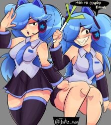 1girls ass bamboo blue_hair bottomless brawl_stars breasts cat_ears colette_(brawl_stars) cosplay female hatsune_miku hatsune_miku_(cosplay) headphones jartiz looking_at_viewer posing seductive_eyes sitting smile supercell