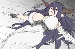 bandaged_arm bandages bare_shoulders black_gloves breasts commentary_request danua draph dress female fingerless_gloves gloves granblue_fantasy hair_between_eyes highres horn_ornament horns houtengeki large_breasts long_hair lying on_back open_mouth partial_commentary pointy_ears purple_hair red_eyes sideboob solo white_dress white_dresshoutengeki