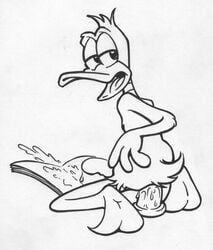 anal anal_sex anthro avian bird book cum daffy_duck dildo dildo_sitting duck erection king-cheetah looking_back looney_tunes male male_only monochrome open_mouth penetration penis sex_toy simple_background soft_feathers solo warner_brothers