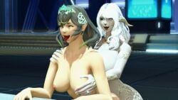 3d ahe_gao au_ra big_breasts eyes_crossed final_fantasy final_fantasy_xiv from_behind futa_on_female futanari gpose(ffxiv) hermaphrodite horns hyur naked public_nudity public_sex queen_sphene scales sex shurelia_escarlata tongue_out white_hair