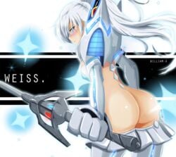 1girls ass blue_eyes blush breasts color crossover female female_only human junketsu kill_la_kill kiryuuin_satsuki_(cosplay) long_hair medium_breasts myrtenaster png revealing_clothes rwby solo standing text transparent_background weapon weiss_schnee white_hair