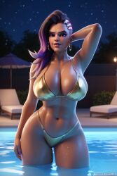 1female 3d ai_generated big_breasts big_hips black_skin blizzard_entertainment bra breasts curvy curvy_figure female front_view gold_bikini gold_bra gold_earrings gold_pasties huge_breasts looking_at_viewer mature_female mature_woman overwatch overwatch_2 panties pony_diffusion_xl purple_eyes purple_hair secret_room12 shiny_skin short_hair sombra stable_diffusion standing video_game video_game_character video_games wet wet_skin wide_hips