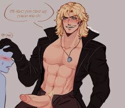 abs anon blonde_hair blue_eyes blush circumcised clothed dog_tags ear_piercing english gloved_hands gloves himbo holding_head id_tags imminent_blowjob imminent_oral_sex imminent_sex liquid_snake metal_gear metal_gear_solid miurkonsfw muscular_male nervous nipples partially_clothed pecs penis pierced_ear presenting presenting_penis pubic_hair shirtless smiling smooth_skin smug sweating text