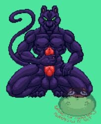 2016 abs animated anthro balls black_panther black_skin bulge closed_eyes cum erection feline green_background green_eyes hungothenomster kneeling knot loop male mammal manly masturbation muscular nude orgasm panther penile_masturbation penis pixel_art red_penis sharp_teeth simple_background slit_pupils solo sprite tagme teeth thin_tail