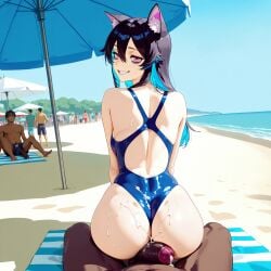 1boy 1girls ai_generated animal_ears ass ass assjob bags_under_eyes beach blue_sky butt_crack buttjob crowd cum dark-skinned_male dark_hair gumpai indie_virtual_youtuber interracial long_hair looking_at_viewer muscular_male ocean penis_between_ass people people_in_background person_watching pink_eyes precum self_upload sitting_on_penis smile smile_at_viewer tagme vtuber vtuberfanart