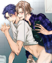 2boys a3! anal banri_settsu bathroom blush bottomless camera erection handjob juza_hyodo looking_at_viewer male mirror multiple_boys naughty_face penetration penis penis_grab phone self_shot sex shirt_lift smile yaoi