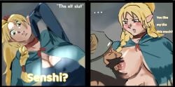 big_breasts blonde_hair busty delicious_in_dungeon dungeon_meshi dwarf elf huge_breasts licking_nipples marcille_donato senshi_(dungeon_meshi) straight