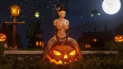 1girls 3d big_breasts blizzard_entertainment blonde_hair blood_elf female female_only halloween jack-o'-lantern light-skinned_female light_skin masturbation morilymory nipple_piercing nipple_rings nude original_character pinup sarisia_sunfeast solo spread_legs stockings thick_thighs vaginal_insertion vaginal_penetration voluptuous voluptuous_female warcraft wide_hips witch_hat world_of_warcraft