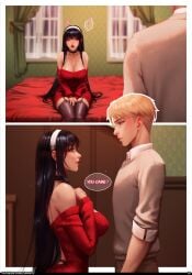 1boy 1girls 2025 bed black_hair blonde_hair blue_eyes breasts cleavage comic female loid_forger luminyu male page_15 red_eyes red_sweater sitting_on_bed speech_bubble spy_x_family thighhighs yor_briar yor_forger