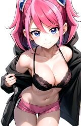 1girl ai-created ai_generated armpit_crease bare_shoulders black_bra black_hoodie black_jacket blue_eyes blush bow bow_bra boyshort_panties boyshorts bra breasts cameltoe cleavage closed_mouth collarbone cowboy_shot drawstring female groin hair_between_eyes hair_ornament hiiragi_yuzu hood hood_down hooded_jacket hoodie jacket lace lace-trimmed_bra lace_bra lace_trim large_breasts leaning_forward lingerie long_hair long_sleeves looking_at_viewer medium_breasts medium_hair micro_shorts midriff multicolored_hair navel off_shoulder open_clothes open_jacket pink_hair pink_panties pink_shorts pixiv rena_aikawa_(pixiv_user) short_hair short_shorts short_twintails shorts sidelocks simple_background smile solo stable_diffusion standing stomach swept_bangs tagme thigh_gap thighs twintails two-tone_hair two_side_up underwear undressing v-shaped_eyebrows white_background yu-gi-oh! yu-gi-oh!_arc-v zuzu_boyle