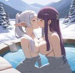 ai_generated breast_press closed_eyes elf fern_(sousou_no_frieren) frieren hot_tub human kissing large_breasts naked nude outdoors purple_hair small_breasts snow sousou_no_frieren student teacher teacher_and_student white_hair yuri