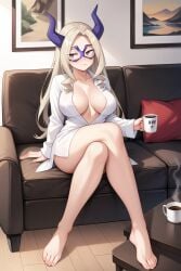 ai_generated bare_legs barefoot boku_no_hero_academia cleavage coffee dress_shirt horns horny horny_female indoors large_breasts legs_crossed living_room looking_away mount_lady my_hero_academia sitting sitting_on_couch teasing teasing_viewer vorendame waiting yuu_takeyama