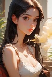 black_hair cleavage female flower long_hair smoking