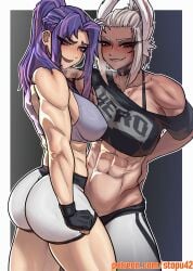 2girls ass ass athletic_female big_ass big_breasts big_butt big_thighs black_skin boku_no_hero_academia breasts female female/female female_focus fit_female lady_nagant legs massive_breasts miruko my_hero_academia purple_eyes purple_hair red_eyes stopu thighs white_hair white_skin