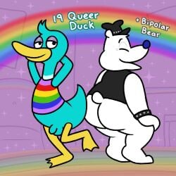 1:1 2023 anatid anseriform anthro ass avian balls bear bedroom_eyes bi-polar_bear_(queer_duck) big_butt bird black_clothing black_topwear black_vest bottomless closed_eyes clothed clothing colored digital_drawing_(artwork) digital_media_(artwork) duck duo feathers flaccid fur furniture genitals green_body green_feathers hat headgear headwear humanoid_genitalia humanoid_penis inside leather leather_clothing leather_daddy leather_hat leather_headgear leather_headwear leather_topwear leather_vest male male/male mammal multicolored_clothing narrowed_eyes nishi_oxnard penis polar_bear purple_eyelids queer_duck_(character) queer_duck_(series) rainbow rainbow_clothing raised_arms seductive smile sofa sparkles standing toony topwear ursine vest white_body white_fur