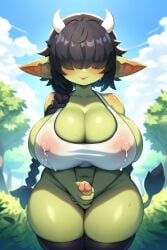 ai_generated braided_hair brie_oc cleavage cow_horns cow_print cow_tail cowbell futanari goblin_female hair_covering_eyes handjob huge_breasts lipstick penis pointy_ears pubic_hair shortstack sideboob stockings