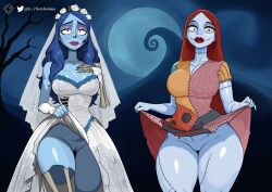 2girls blue_hair bride bride_veil corpse corpse_bride emily_(corpse_bride) female gloriousg halloween lifting_skirt looking_at_viewer nightmare_before_christmas presenting presenting_pussy pussy ragdoll red_hair sally_(the_nightmare_before_christmas) seductive showing_off showing_pussy skeleton smiling_at_viewer stiches undead undead_female zombie zombie_girl