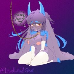 2d 2d_(artwork) 2d_artwork big_areola big_breasts big_nipples blue_hair blue_horn blue_horns blush blushing_at_viewer blushing_female chain_leash chained chains collar curvy curvy_body curvy_female curvy_hips curvy_thighs dialogue droopy_ears droopy_eyes ena_(lewdlewdgoat) english_dialogue english_text fluffy fluffy_chest fluffy_ears fluffy_fur fluffy_hair fur furry furry_breasts furry_ears furry_female furry_only glasses glasses_on_face gloves goat goat_ears goat_eyes goat_girl goat_horns goat_legs golden_eyes hooves hooves_and_horns horns horns_and_hooves huge_breasts illustration lewdlewdgoat naked naked_female nude nude_female purple_fur purple_hair self_insert smiling smiling_at_viewer spanish_dialogue spanish_text submissive submissive_female thick_thighs thighhighs tight_clothes yellow_eyes