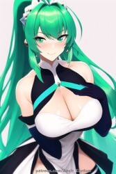 1girls aegis_elysium ai_art ai_generated blush blushing blushing_at_viewer breasts cleavage dress earrings elbow_gloves female_focus gem gloves green_eyes green_hair hair_ornament headpiece huge_breasts jewelry large_breasts long_sleeves maid maid_dress maid_outfit nintendo patreon patreon_username pneuma pneuma_(xenoblade) ponytail smile solo solo_focus thick_thighs thighs tiara xenoblade_(series) xenoblade_chronicles_(series) xenoblade_chronicles_2