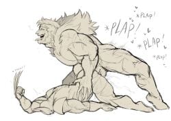 2boys baimonbluewhale claws fucked_silly gay heart james_howlett logan_(x-men) male/male marvel mask penis size_difference testicles tongue_out top-down_bottom-up victor_creed wolverine_(x-men) x-men yaoi
