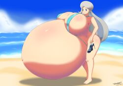 1girls 2019 beach belly_bigger_than_body bikini blush breasts_bigger_than_head breasts_bigger_than_torso female female_focus game_freak gigantic_belly gigantic_breasts hat high_heels holding_object hyper_belly hyper_pregnancy long_hair looking_at_viewer melony_(pokemon) nintendo ocean pokemon pokemon_ss pregnant pregnant_female ready_to_pop round_belly sky sling_bikini standing timaeus