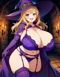 :d ai_generated brown_hair cape garter_belt garter_straps gigantic_breasts light_brown_hair lingerie long_gloves mage purple_eyes purple_lingerie stable_diffusion thick_thighs upper_teeth_only very_long_hair wide_hips witch_hat