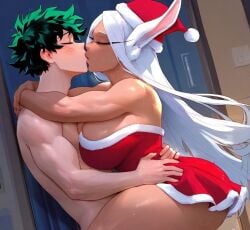 1boy 1girls ass bare_shoulders blush boku_no_hero_academia breasts christmas closed_eyes dark_skin freckles green_hair hat indoors izuku_midoriya kissing large_breasts long_hair midoriya_izuku mirko miruko muscle my_hero_academia rumi_usagiyama santa_costume santa_hat sex short_hair straddling straight sweat thick_thighs very_long_hair white_hair