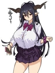 1girl antenna_hair black_hair breasts contemporary danua draph dress_shirt female granblue_fantasy hair_between_eyes highres horn_ornament horns houtengeki large_breasts long_hair looking_at_viewer pointy_ears red_eyes shirt skirt solo standing thighs