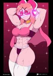 1girls abs bra branded_clothes cape cartoon_network choker female_focus female_only hands_behind_head headgear heart-shaped_pupils looking_at_viewer loquillo loquillo66 medium_breasts miss_heed_(villainous) muscular muscular_arms muscular_female muscular_legs muscular_thighs pink_body pink_eyes pink_hair pink_skin short_hair smiling_at_viewer villainous white_stockings