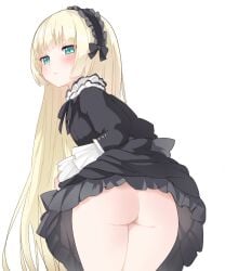 2025 aqua_eyes ass black_dress blonde_hair blush butt_crack buttcheeks female long_hair looking_back maid maid_uniform nice_ass no_panties smooth_skin