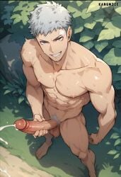 ai_generated akihiko_sanada bara grinning_at_viewer kangmzze looking_at_viewer male_only masturbation naked outdoors persona_3 solo standing