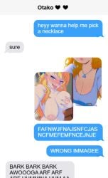 accidental_exposure blonde_hair blue_shirt fingerontheejectbutton galko galko-chan long_hair nude nude_selfie oshiete!_galko-chan selfie t-shirt text text_bubble text_message texting texts