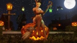 1girls 3d big_breasts blizzard_entertainment blonde_hair blood_elf female female_only halloween jack-o'-lantern light-skinned_female light_skin morilymory nipple_piercing nipple_rings nude original_character pinup sarisia_sunfeast solo stockings thick_thighs voluptuous voluptuous_female warcraft wide_hips witch_hat world_of_warcraft