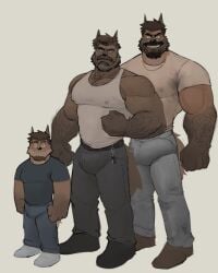 2025 age_difference anthro beard belt body_hair bottomwear bulge canid canine canis chest_hair clothing crazy_eyes detailed_bulge domestic_dog facial_hair father_(lore) father_and_child_(lore) father_and_son_(lore) flexing flexing_bicep footwear fred_(kenkudog) genital_outline gold_(metal) gold_jewelry gold_necklace grandchild_(lore) grandfather_(lore) grandfather_and_grandchild_(lore) grandfather_and_grandson_(lore) grandparent_(lore) grandparent_and_grandchild_(lore) grandson_(lore) group hair hairy hi_res jewelry kenkudog keyring larger_male looking_at_viewer male mammal mature_male muscular muscular_male necklace older_male pants parent_(lore) parent_and_child_(lore) parent_and_son_(lore) pecs penis_outline shirt shoes simple_background size_difference smaller_male smile son_(lore) standing tank_top topwear trio younger_male