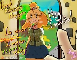 1boy 1boy1girl 1girls 2024 animal_crossing anonjustanon anthro aroused bell bells belly belly_button big_ass big_breasts black_eyes blurred_background breasts breath breath_cloud canine clothed detailed_background dog_ears english_text female female female_focus huge_ass huge_thighs isabelle_(animal_crossing) looking_at_viewer standing tail text tight_clothing wagging_tail yellow_fur yellow_hair yellow_skin