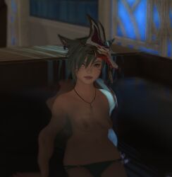 big_breasts different_eye_color female final_fantasy_xiv gpose(ffxiv) gray_hair green_highlights hotsprings miqo'te samantha_oconnor short_hair water