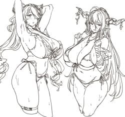 2girls anklet arm_wrap arms_behind_head bikini breasts cleavage commentary danua draph granblue_fantasy greyscale horns houtengeki huge_breasts jewelry long_hair looking_at_viewer monochrome multiple_girls narmaya_(granblue_fantasy) narmaya_(summer)_(granblue_fantasy) necklace pointy_ears sketch standing swimsuit symbol-only_commentary wet