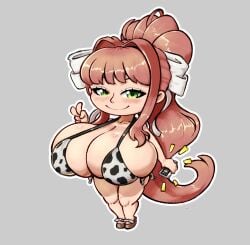 1girls 2025 anime_style big_breasts bikini breasts brown_hair cleavage color cow_print cow_print_bikini doki_doki_literature_club female female_only green_eyes huge_breasts human human_only large_breasts looking_at_viewer monika_(doki_doki_literature_club) overflowing_breasts peace_sign ponytail red_eclipse sandals simple_background smile smiling smiling_at_viewer smirk smirking_at_viewer solo solo_female white_bow