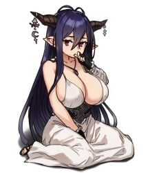 1girl antenna_hair bandaged_arm bandages bare_shoulders black_gloves blush breasts cleavage collarbone danua draph dress female fingerless_gloves gloves granblue_fantasy hair_between_eyes horn_ornament horns houtengeki large_breasts long_hair looking_at_viewer pointy_ears purple_hair red_eyes solo thumb_sucking white_dress