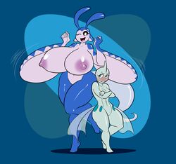 2017 anthro areola big_breasts blue_eyes blue_skin blush breast_envy breast_size_difference breasts crossed_arms curves duo eyebrows eyelashes female fin fish frown grey_skin hi_res huge_breasts kaboozle looking_at_viewer mantine marine navel nintendo nipples nude one_eye_closed open_mouth pokemon remoraid simple_background size_difference small_breasts smile thick_thighs video_games voluptuous white_eyes wide_hips wink