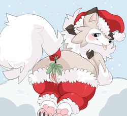 1girls ass blue_eyes blush canine christmas claws female female_only feral furry hexeix holidays lycanroc mammal midday_lycanroc mistletoe nintendo paws plant pokemon pokemon_sm pussy pussy_juice seductive simple_background snow solo tongue tongue_out video_games