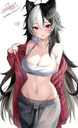 animal_ears artist_name bangs bare_shoulders black_hair black_pants blush breasts cleavage collarbone cowboy_shot eyebrows_visible_through_hair female hair_between_eyes heart jacket large_breasts long_hair long_sleeves looking_at_viewer midriff momotexx_(vtuber) multicolored_hair navel off_shoulder open_clothes pants parted_lips red_eyes red_jacket signature solo standing stomach two-tone_hair underwear very_long_hair vyugen white_background