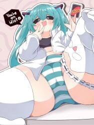 brat bratty cameltoe feet feet_up hatsune_miku holding_card huge_thighs laugh low-angle_view mesugaki mesugaki_miku mimukauwa_nice_try_(vocaloid) no_pants panties small_breasts smile socks striped_panties thick_thighs topwear uno_card vocaloid wide_hips