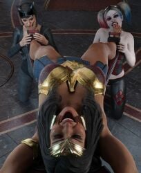 3d 3girls barefoot batman_(series) black_toenails catsuit catwoman catwoman_(injustice) dais1984 dc dc_comics diana_prince feet feet_focus female female_focus female_only foot_fetish foreplay harley_quinn harley_quinn_(injustice) injustice_2 laughing licking licking_foot selina_kyle soles sucking_feet sucking_toes ticklish toes wonder_woman wonder_woman_(injustice) wonder_woman_(series) yuri