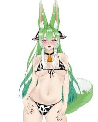 1girls animal_ears big_breasts bikini blush breasts carbuncle cera_luceria cow_print cow_print_bikini cowbell fake_animal_ears fake_cow_ears fangs female female_only globie glowing_eyes green_hair hexokai light-skinned_female light_skin maximilienbodwe nose_blush open_mouth pink_eyes red_nails simple_background solo tail thick_eyebrows virtual_youtuber white_background