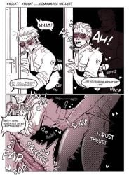 2boys ahegao anal anal_sex big_boss black_and_white blonde_hair comic comic_page cross_section dialogue door doorway gay kazuhira_miller male_only metal_gear metal_gear_solid naked_snake niakku public semi_public