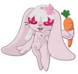 absurd_res anthro big_ears bow_ribbon breasts carrot cdecurse female food genitals hair hi_res lagomorph leporid mammal navel nipples nude nude_anthro nude_female open_mouth plant pubes pussy rabbit small_breasts solo vegetable white_hair