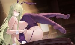 1girls absurdres azur_lane bare_shoulders breasts brown_pantyhose bunnysuit cleavage collarbone dress female flower full_body green_dress green_hair hair_ornament highres large_breasts light-skinned_female light_skin lingerie lingerie_only long_hair looking_at_viewer napoli_(azur_lane) napoli_(dreamy_night)_(azur_lane) pantyhose purple_eyes sardegna_empire_(azur_lane) simple_background solo strapless strapless_dress very_long_hair white_flower