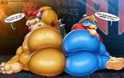 2boys absurd_res anthro armpit_hair armpit_tuft ass ass_to_ass avian bird blue_body bodily_fluids body_hair bowser clothing dialogue dungeon duo duo_focus el_booki flag footwear free_use group hi_res horn king_dedede kirby_(series) koopa male male/male mario_(series) moobs musk nintendo orange_body paws penguin presenting presenting_hindquarters robe scalie shoes speech_bubble sweat text